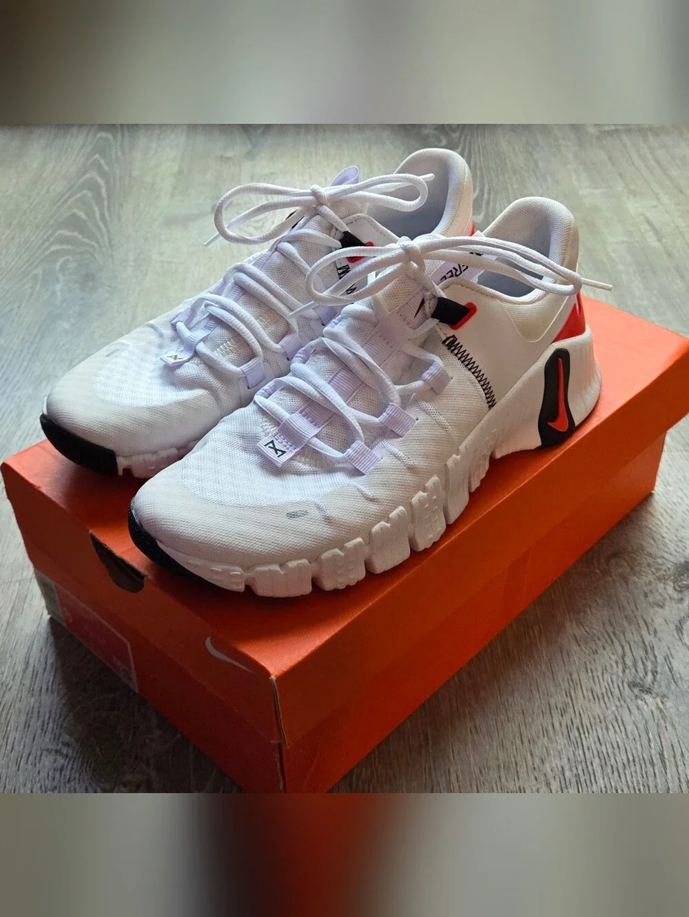 Nike Free Metcon 5 White Athletic Sneakers with Bright Crimson & Black Accent